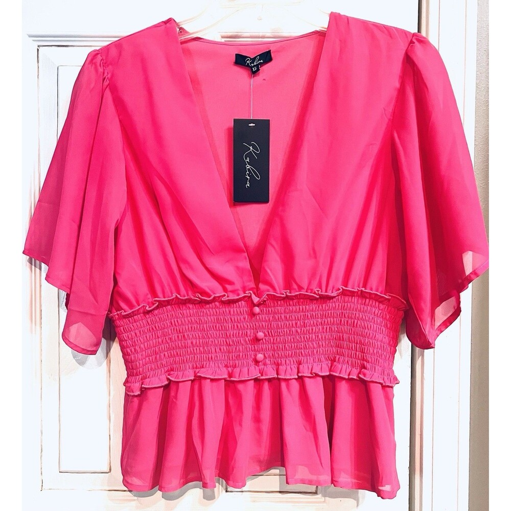 Kabina Hot Pink Chiffon Peplum Blouse XL Smocked Waist Flutter Sleeve Lined NWT